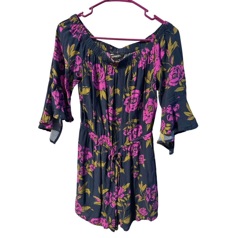 Express Romper Womens Small Navy Pink Floral Bell Sleeve